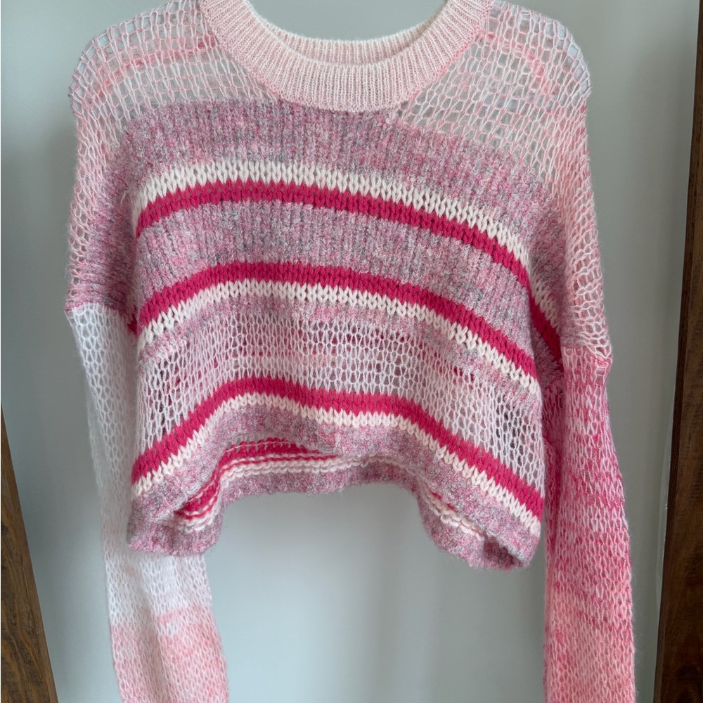 Kimchi Blue Pink & White Open-Knit Striped Crop Sweater